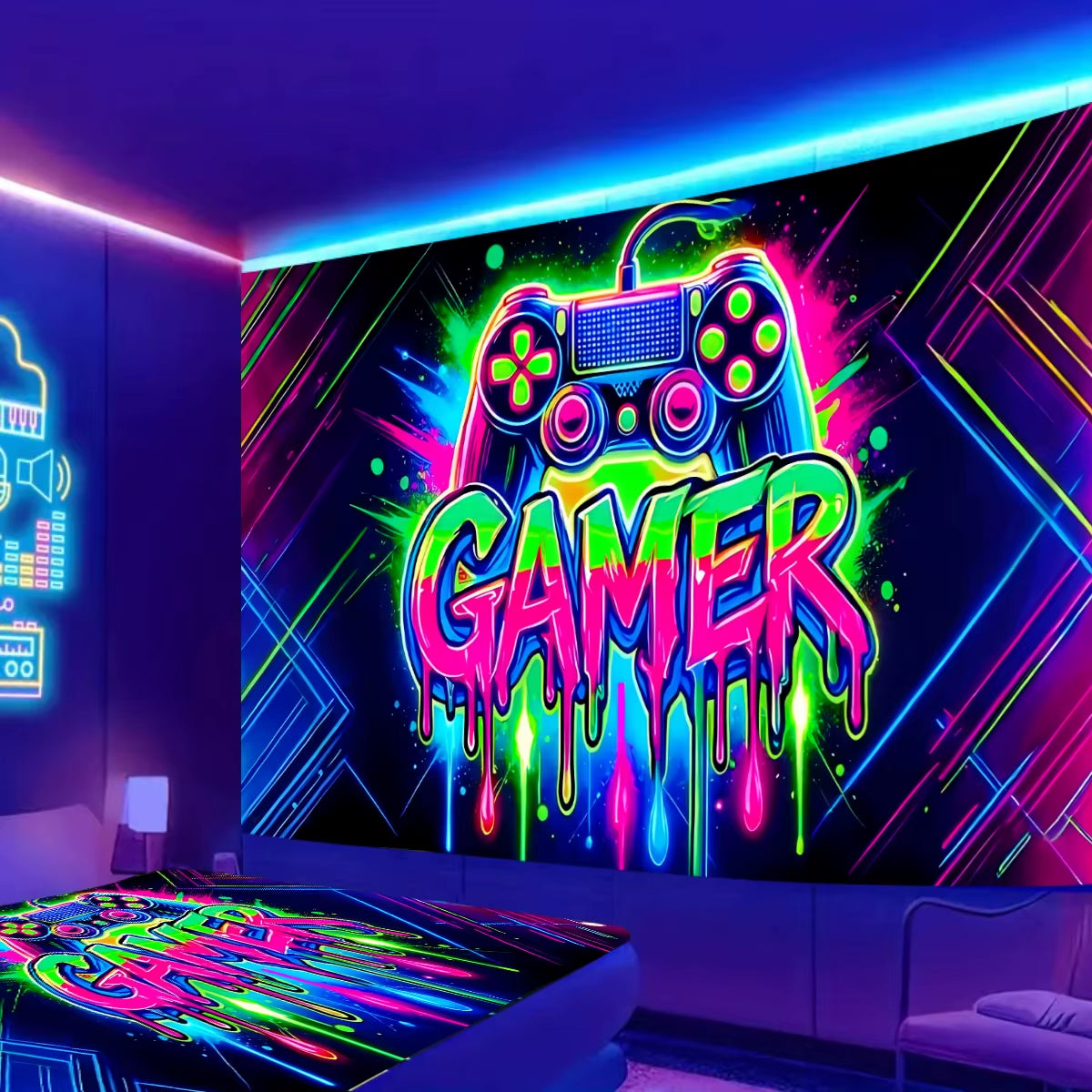 VIKAMA Gaming Neon Tapestry Handle Dazzle Gaming Bedroom Gaming Room Decoration Game Live Background Wall